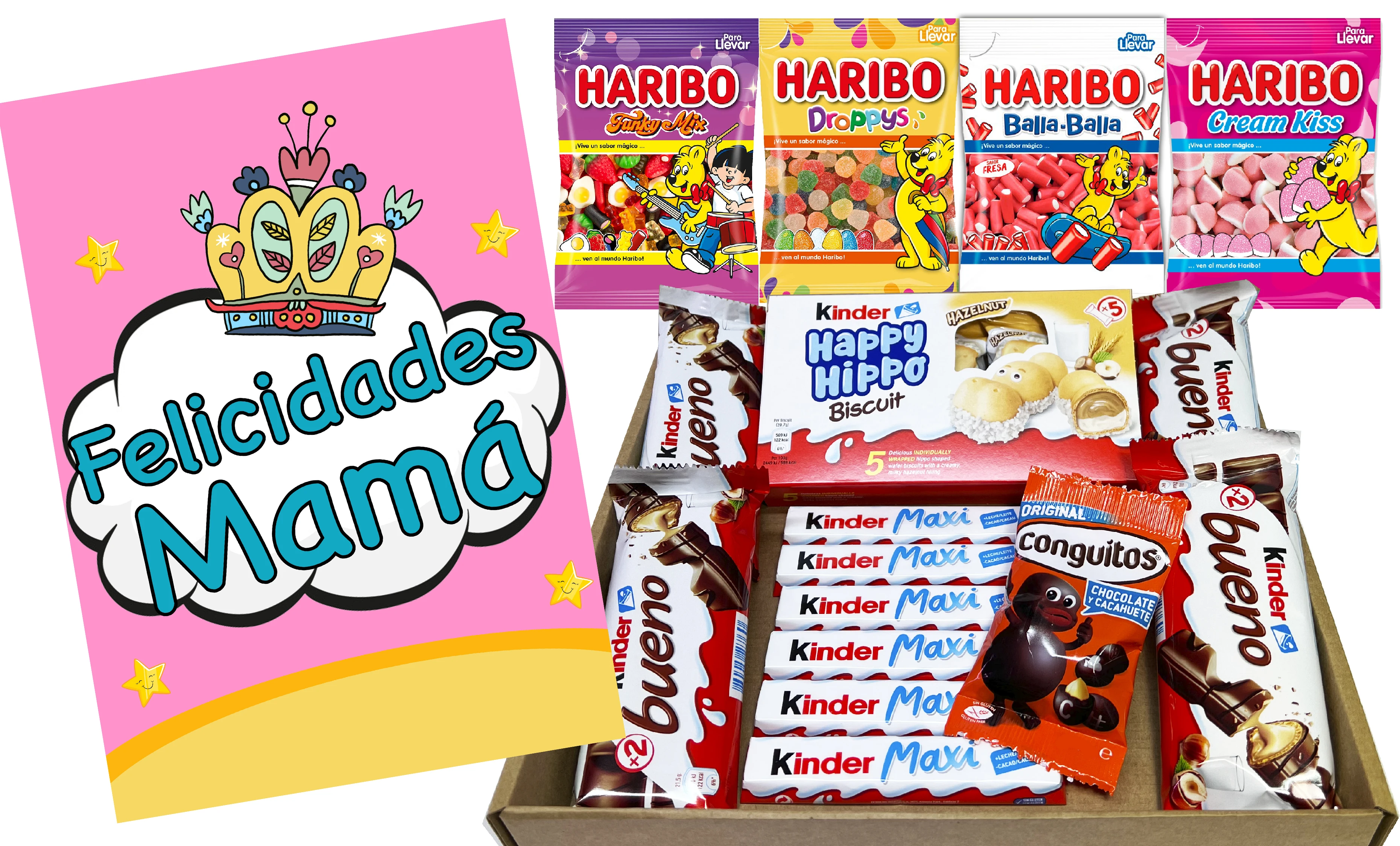 Regalo Cumpleaños Mamá. Chocolate Kinder Variada y Ositos Haribo, Caja de Bombones Chocolate Kinder, Cesta de Regalo de Chocolate Día de la Madre.