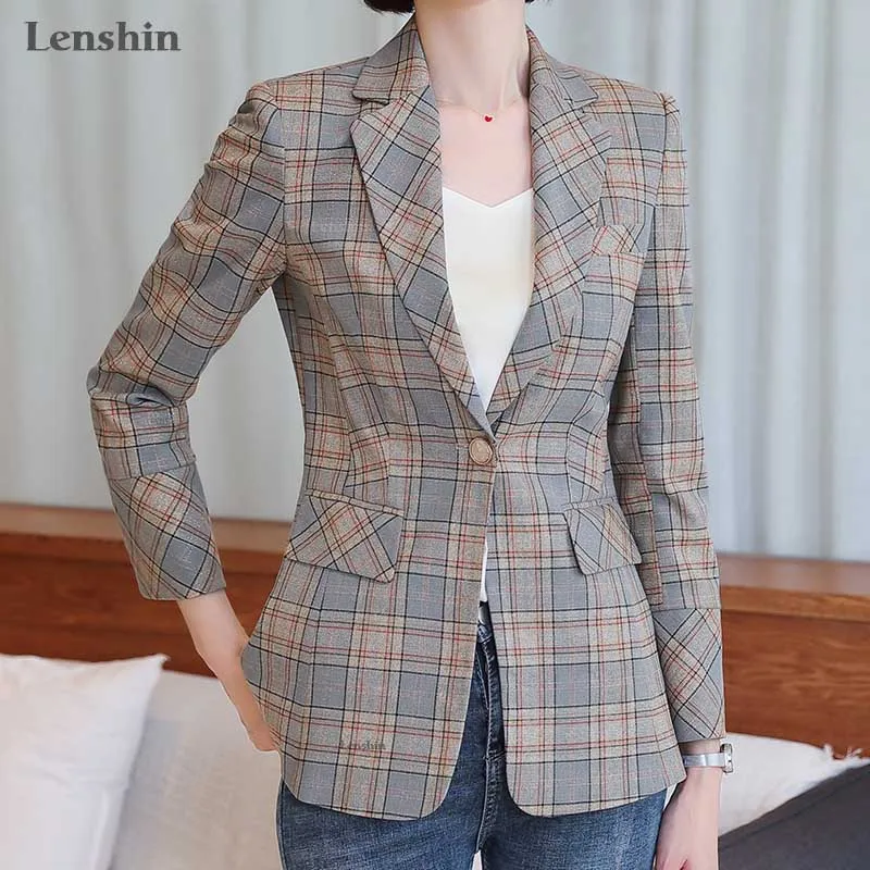 Lenshin, Женский Блестящий клетчатый Блейзер, элегантная повседневная куртка, модная, сохраняющая стройность, Офисная Женская верхняя одежда, пальто с контрастными рукавами