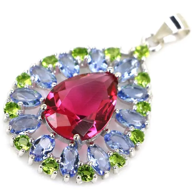 

4.1g Multi Color Rhodolite Garnet Tanzanite Peridot Real 925 Solid Sterling Silver Pendant 36x22mm