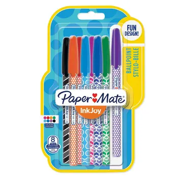 

Paper Mate InkJoy Wrap ballpoint pens, medium point retractable, assorted colors, pack of 8, designs assorted pens