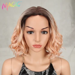 Magic 12Inch Synthetic Wig Cosplay Short Bob Wave Hair Lace Wig Pink Ombre Blonde Heat Resistant Wigs For Women