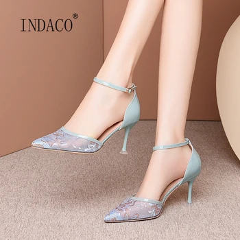

New Women Sandals High Heels Leather Lace Mesh Women Shoes Summer Ankle Strap Heels 7.5cm