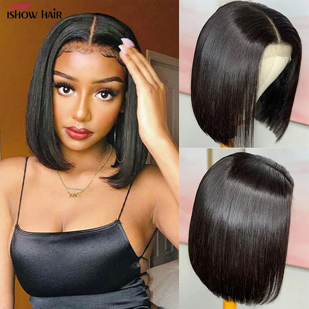 Парик Ishow Blunt Cut Bob 13x2 Короткие парики из человеческих волос на сетке спереди
