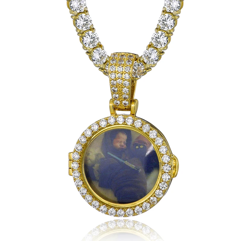 Пользовательские Круг фото медальоны медные ожерелье и кулон Iced Out Bling твердая