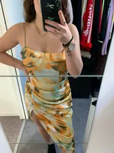 Dress Spaghetti-Strap Tie-Dye Waist-Slit Flower-Print Vestido Irregular Yellow Women Vintage