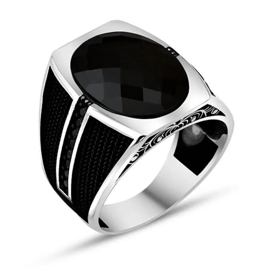 

Men Silver Ring With Oval Big Black Zircon Stone Gifts For Men Made In Turkey Solid 925 Sterling Silver