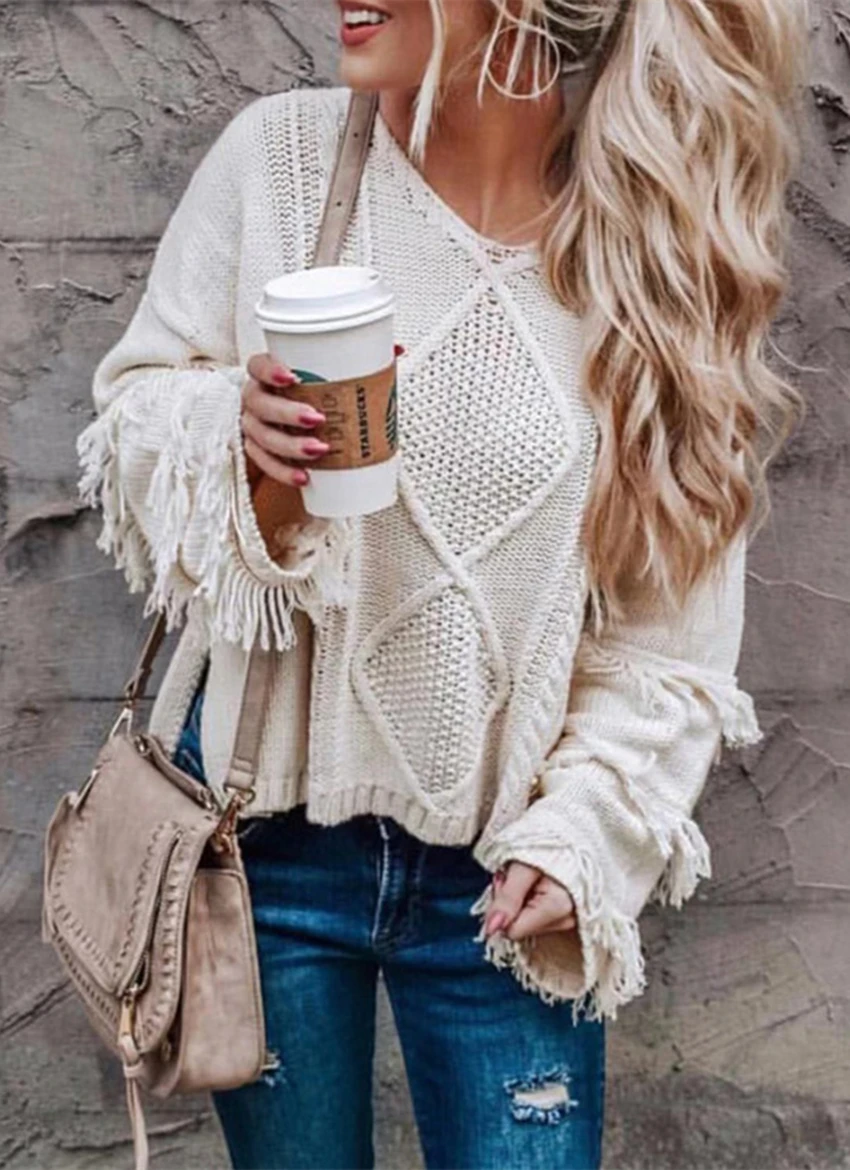 

Tassel Flared Sleeve Sweaters Woman Knitting Top Autumn Winter V Neck Pullover Sweaters For Women Fashion Loose Knitted Top