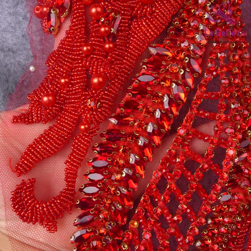 La Belleza красивый большой кусок ручной работы, Красный жемчуг Кристалл Стразы патч свадебное платье аппликация аксессуары 33X55 см