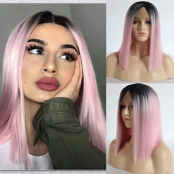 

RONGDUOYI Ombre Pink Silky Straight Wigs for Women Synthetic Lace Front Wig Short Hair Wigs Heat Resistant Hair Middle Part