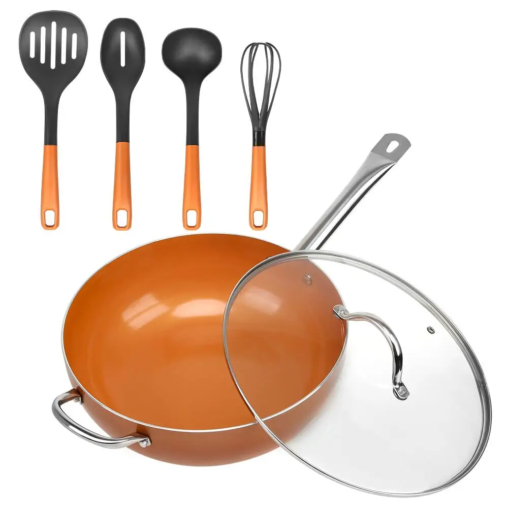 

6-Piece Copper Cookware Set 12 inch Nonstick Woks +4 Piece Cooking Utensils Nonstick Woks and Stir Fry Pans with Lid