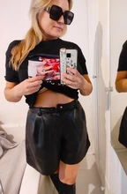 2020 Winter New Women Orange Color PU Bermuda Shorts Faux Leather Belted Shorts