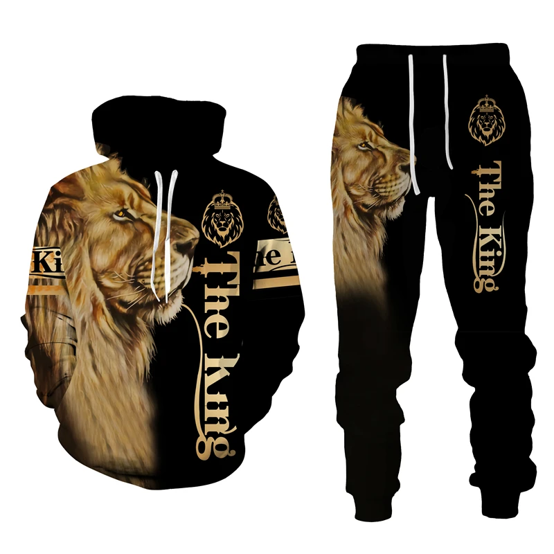 mens shorts and t shirt set The King 3d Printed Hoodie Pants Sets Autumn Winter Casual Sweashirt Pullover Lion Men's Tracksuits Set Fashion Men's Clothing men's outfit sets