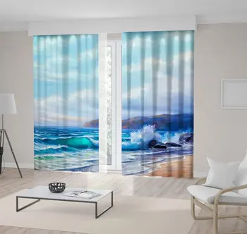 

Curtain Tropical Beach Wavy Sea Exotic Nature Seaside Decorating Oil Painting Style Illustration Blue Beige
