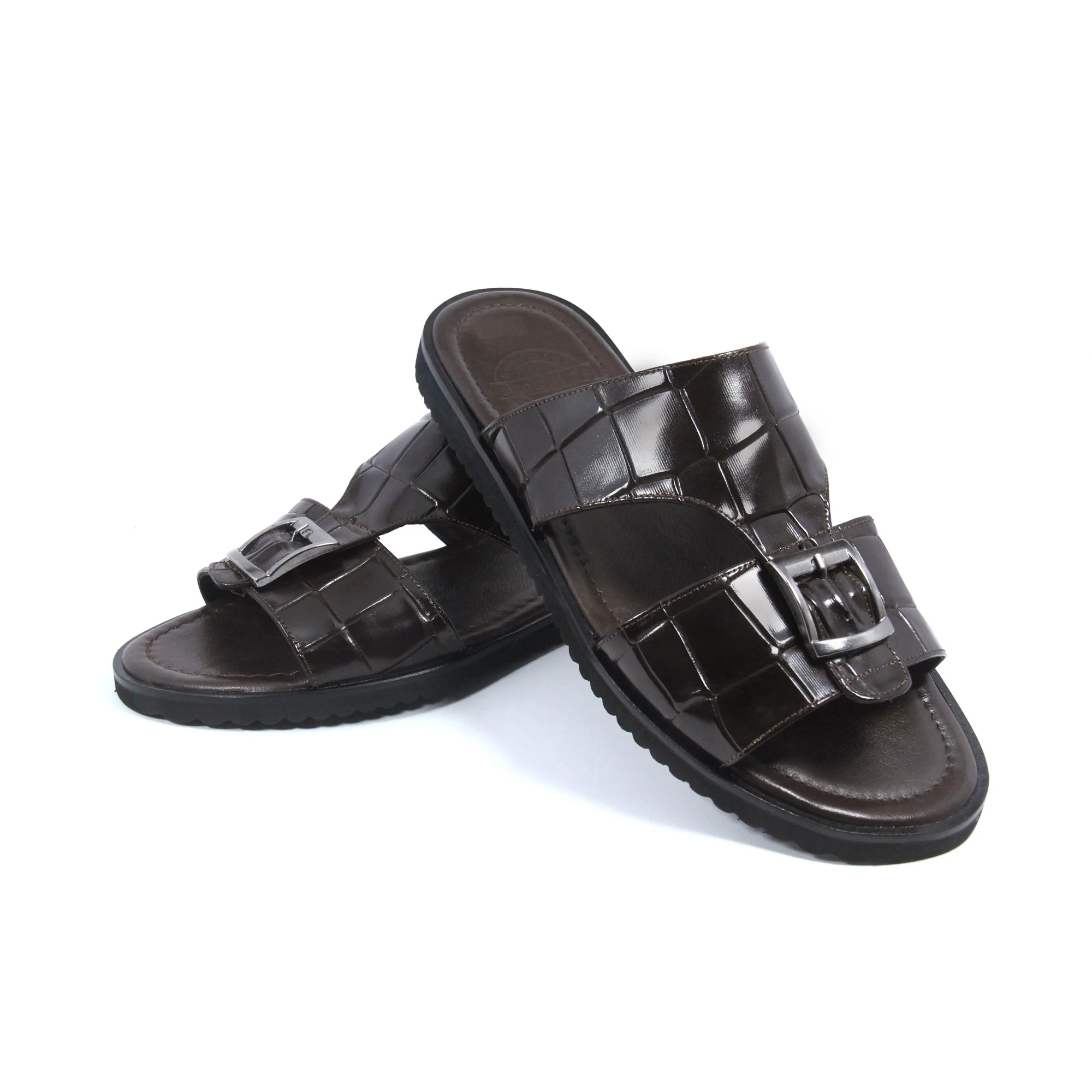 

Handmade Leather Sandals, Embossed Calfskin, Lightweight EVA Sole, Croco Pattern, Adjustable Strap Slippers Street Style Summer