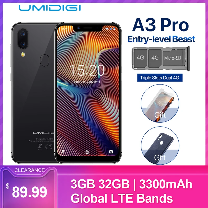 UMIDIGI A3 Pro мобильный телефон, глобальная полоса, 5,7 дюймов, 19:9, полный экран, 3 Гб+ 32 ГБ, Android 8,1, 12 МП, разблокировка лица, двойной 4G смартфон