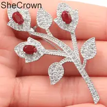 56x33 мм SheCrown 8,5 г лист настоящий красный рубин натуральный белый CZ Женская серебряная брошь