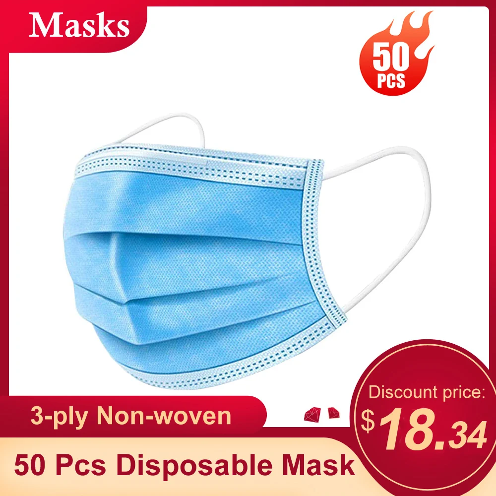 

50-Pieces Disposable Mask Earloop Sterile Anti Pollution Dust 3Ply Protective Respirator Face Mask Protection