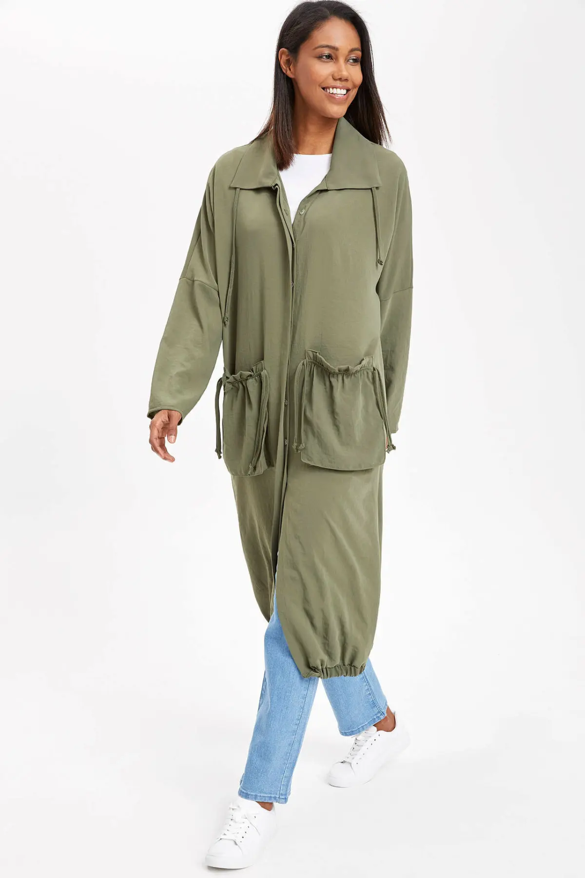 

DeFacto Fashion Woman Lapel Casual Coat Ladies Pure Color Long Tops Female Pockets Comfort Clothes - L0912AZ19SP