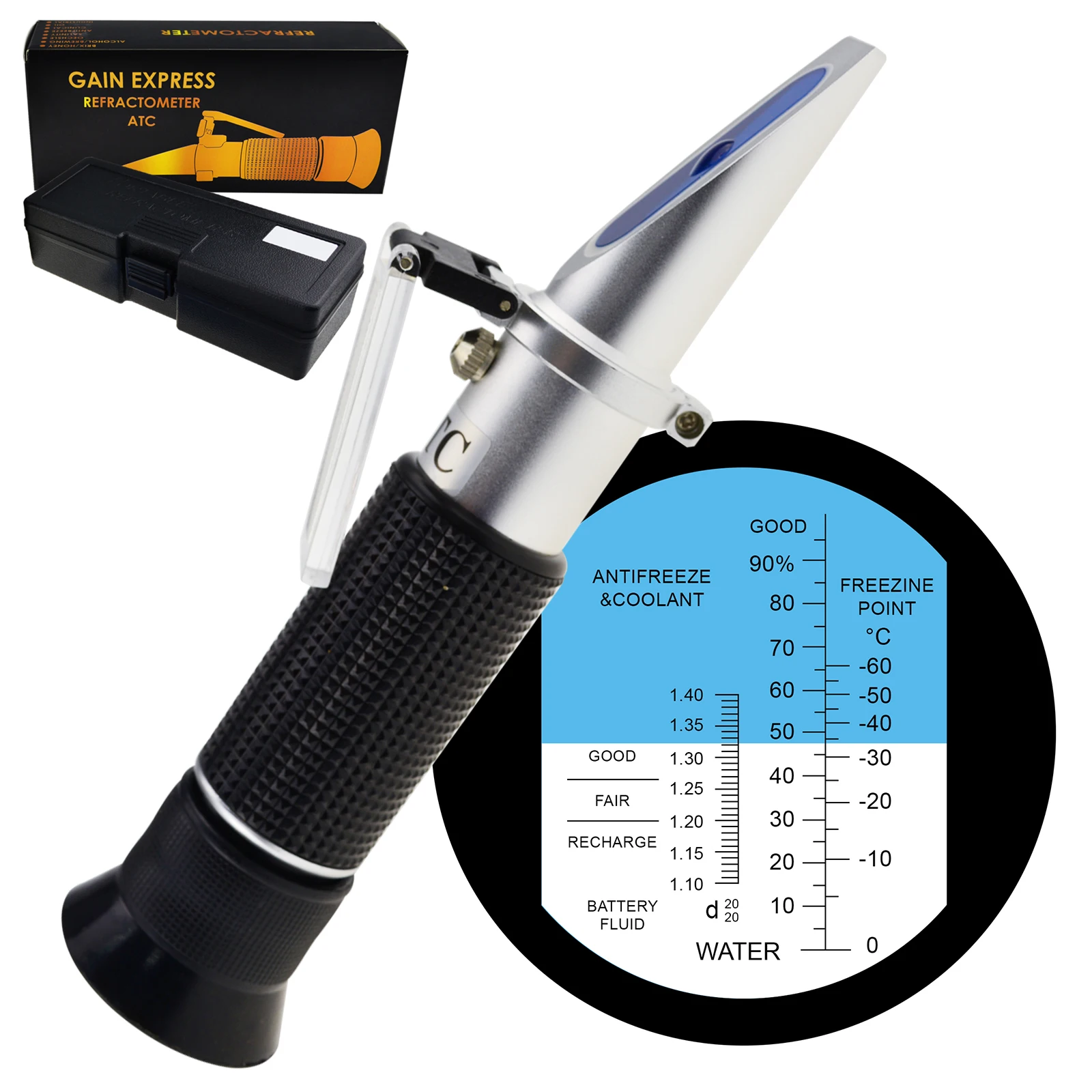 

Automotive Refractometer Freezing Coolant & Battery Fluid w/ 3 Scales ATC Aluminum Rubber Material Lightweight