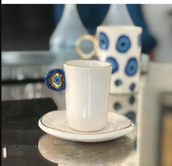 

Evil Eye Bead Handle, 24K Real Gold Decorated Turkish Coffee / Espresso Cup