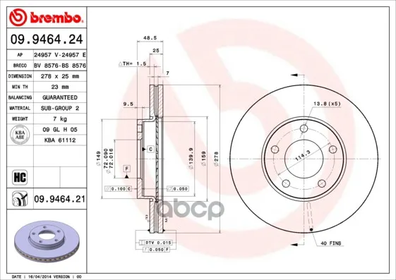 Диск Тормозной Brembo Painted Disc 09.9464.21 Brembo арт. 09.9464.21