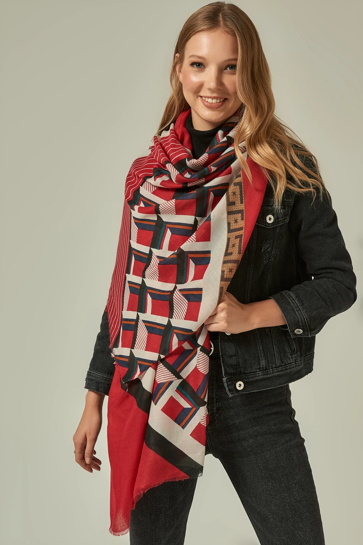 

Red Scarf Multi Pattern Coton Polyester Women Shawl