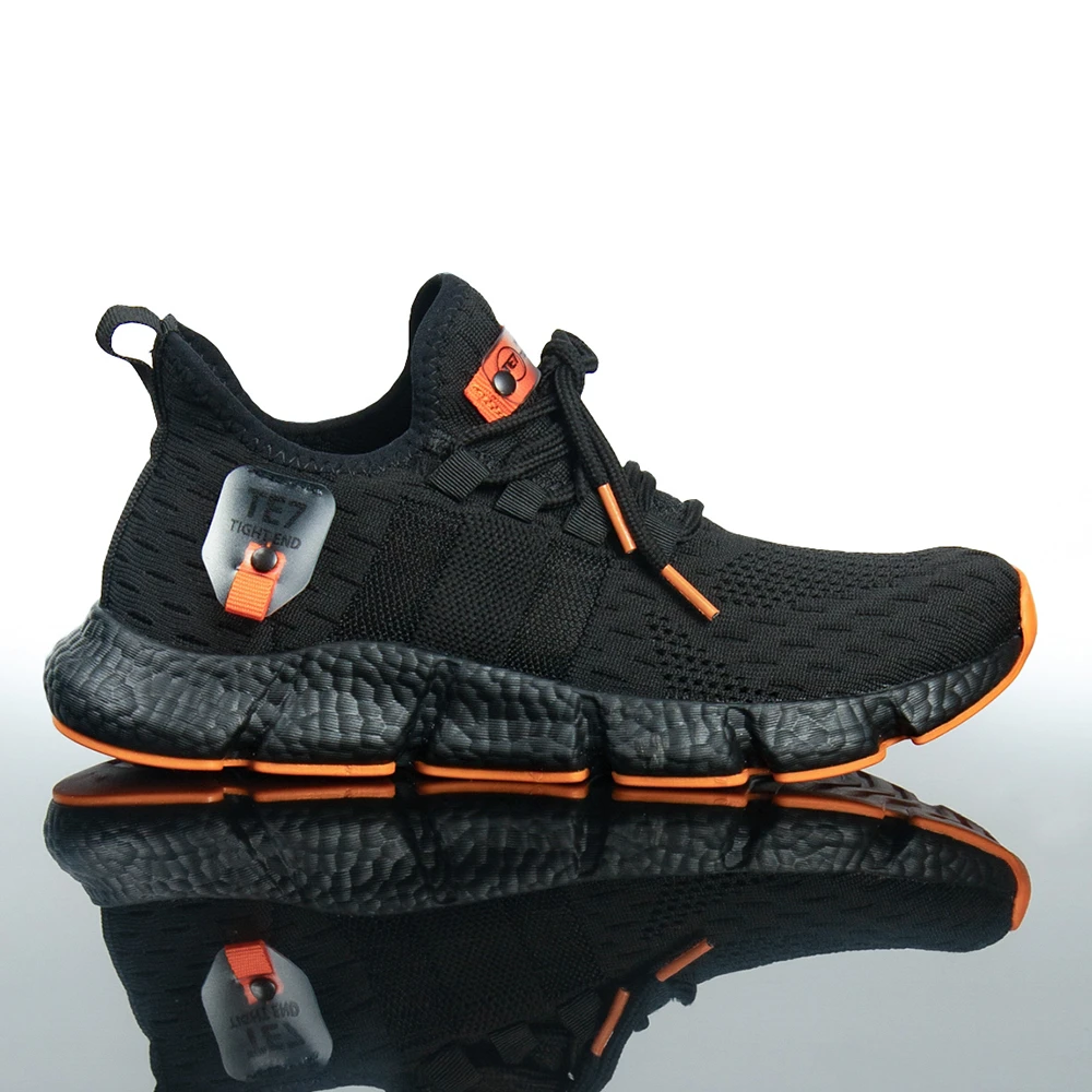 Zapatillas de deporte para hombre mujer, zapatos informales de cuero Artificial Unisex, negro y naranja, con cordones, ajuste cómodos, flexibles, a la mocasines transpirables, zapatos para correr, Letoon TE7|Zapatos