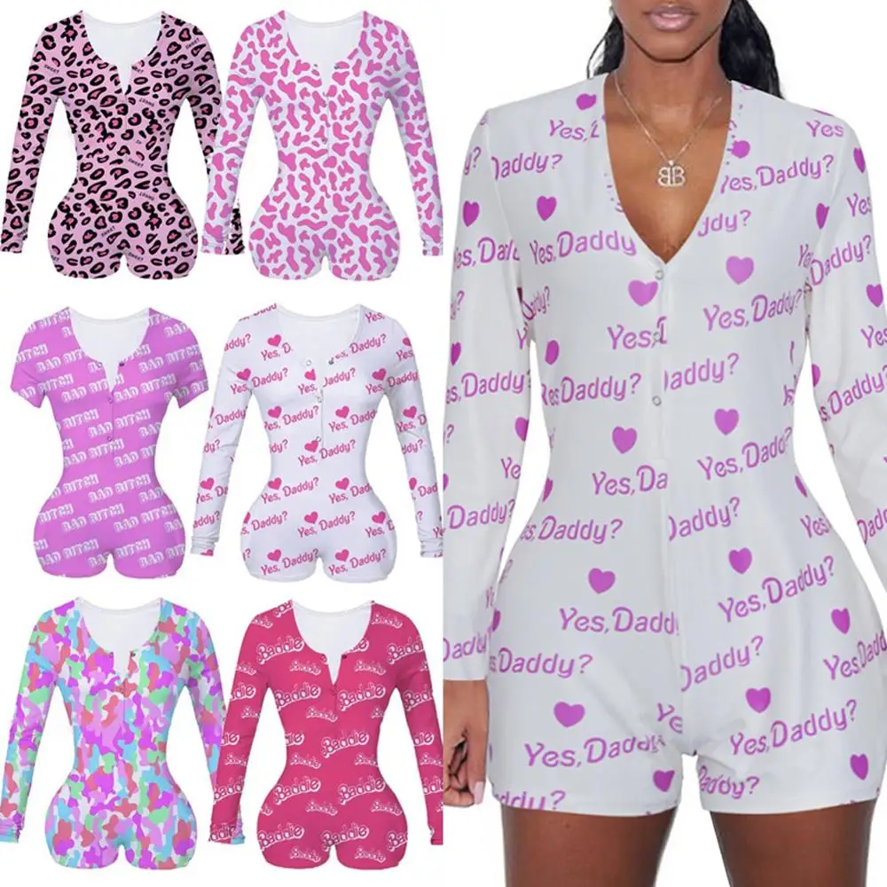 

Sexy Playsuit Women Bodycon Romper Playsuit Sleepwear Home Wear V-neck Boduycon Button Long Sleeve Leotard Ladies Bodysuit