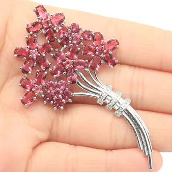 

73x42mm Bouquet Shape Pink Raspberry Rhodolite Garnet Gift For Ladies Wedding Silver Brooch