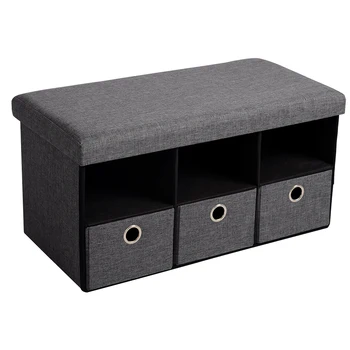 

1PC Dark Grey Linen Storage Foot Stool Ottoman Bench Folding Organizer Cube Storage Box Seat with 3 Drawers Removable Lid