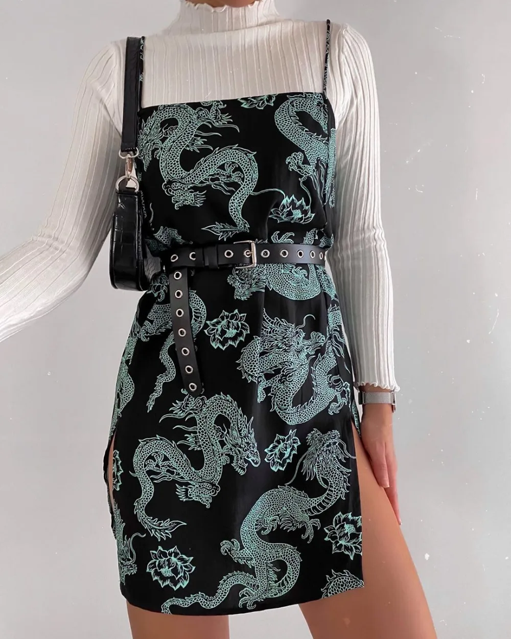 Sexy Summer Dragon Print Strappy Sundress Women Black Mini Dress Clubwear Summer Sleeveless Sling Slit Hem Pencil Dress wedding dresses