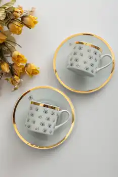 

Gold Detailed Double Evil Eye Patterned Gilded Printed Espresso Turkish Coffee Cup with gift box for special moments 2People Set