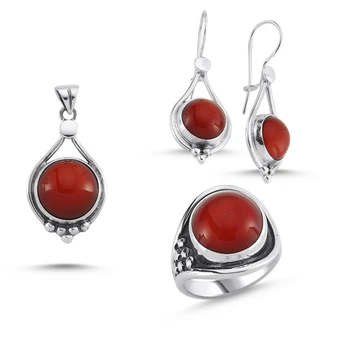 

Silver 925 Sterling Coral Stone Handwork Set