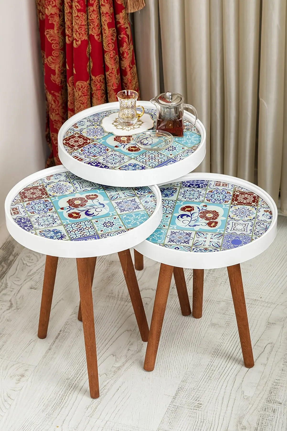 

Retro Glass Custom Print Nesting Table 3 Pieces Living Room Side Table Luxury Claite Blue White Side Table Tea Coffee Table Home