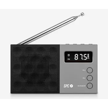 

Spc 4577n gray black radius jetty portable fm lcd display and alarm with rechargeable battery or batteries