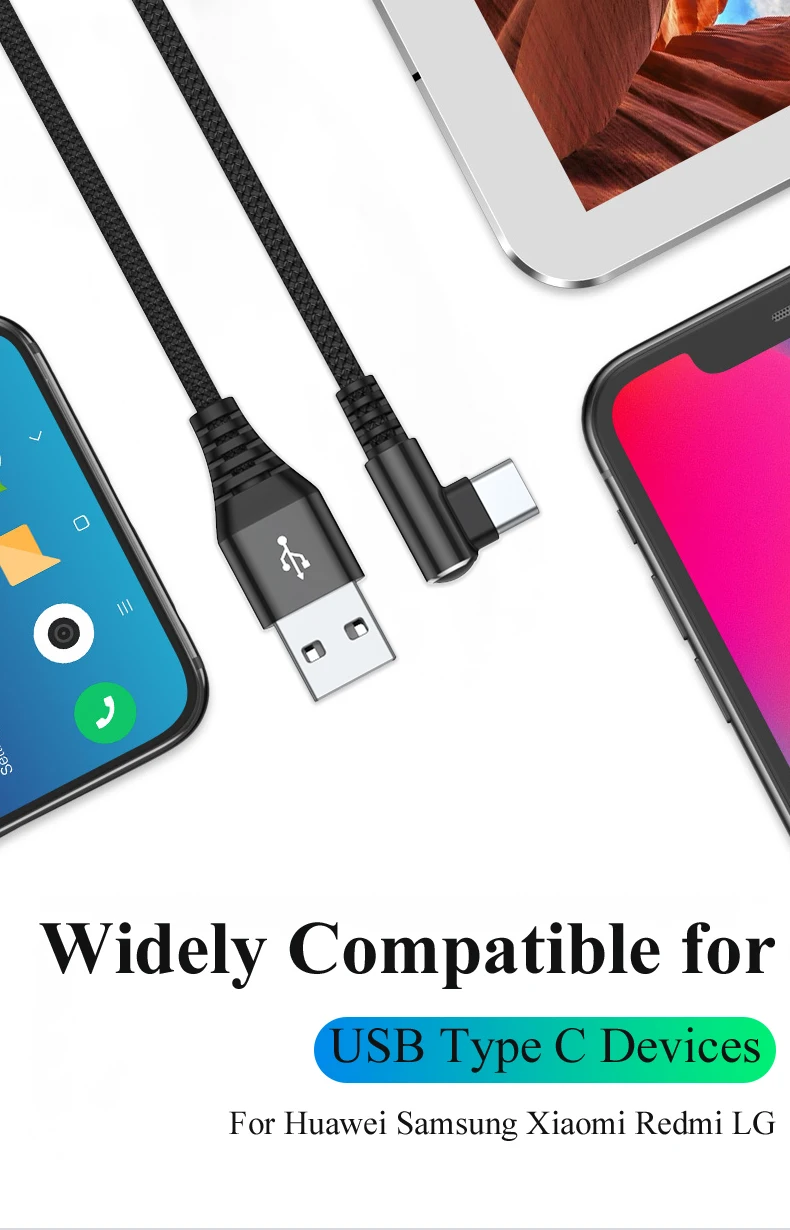 fast charging cable for android Muuto USB Type C Cable 90 Angled Fast Charging Wire For Samsung S20 10 9 iPad Pro Huawei Xiaomi iphone cord