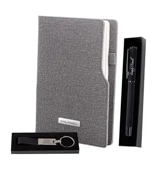 

Personalized Gray Notebook & Black Metal Roller Pen & Thermo Leather Metal Keychain