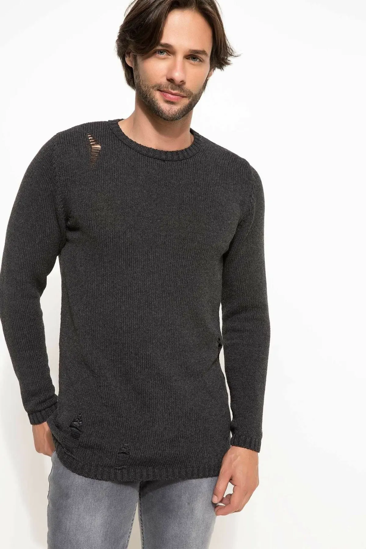 

DeFacto Autumn Dark Grey Fashion Ripped Holes Sweater Shirt Thin Tricot Long Sleeve Pullover I3557AZ18SPAR94-I3557AZ18SP