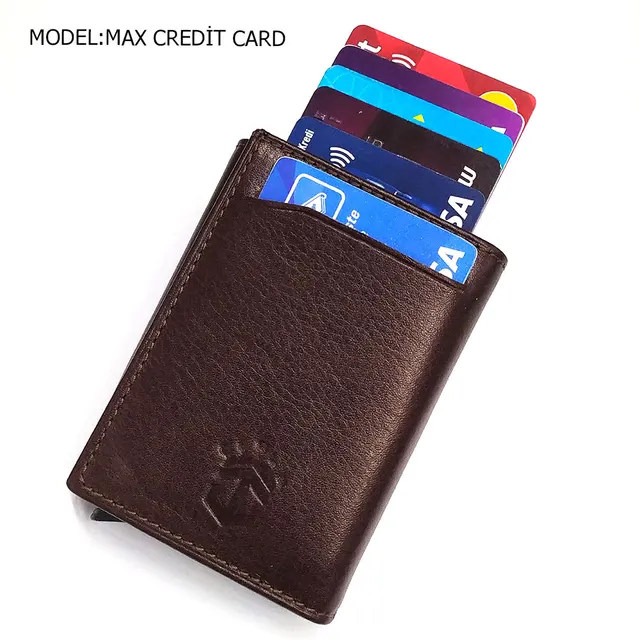 Smart Wallet Business Card Holder Real Cow Leather Handmade Smart Automatic Card Holder Men Gift Max Credit Card Coffee -1