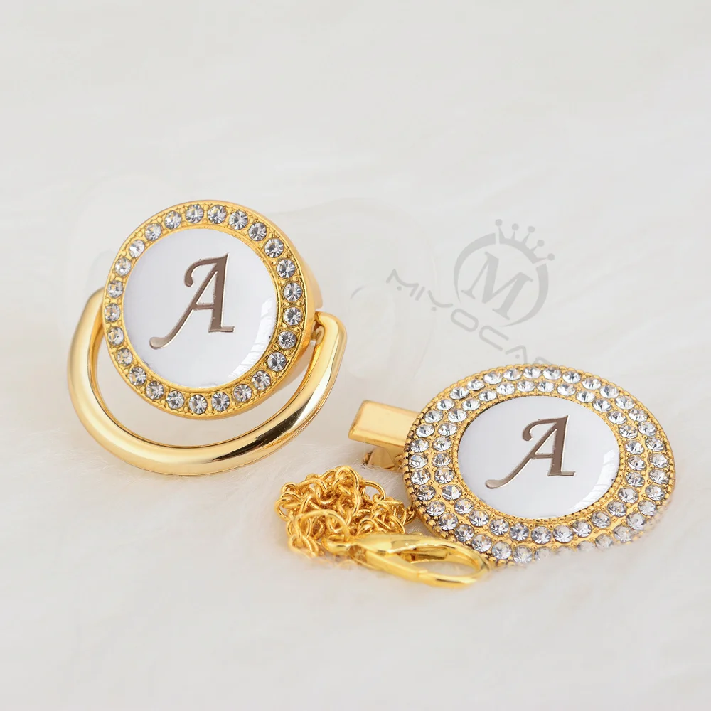 MIYOCAR Gold silver name Initials letter white elegant A beautiful bling pacifier and pacifier clip BPA free dummy bling LA-W