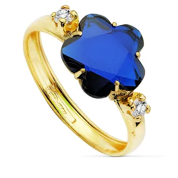 

18k solid gold ring zircons flower center Blue Stone 10mm. [AB2430]