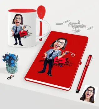 

Personalized Women 'S Polis Caricature Of Red Notebook Pen Spoon Mug set
