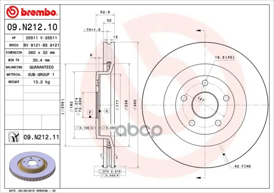 Диск Тормозной Передн, Jeep: Grand Cherokee Iii 05-10 Brembo арт. 09.N212.10