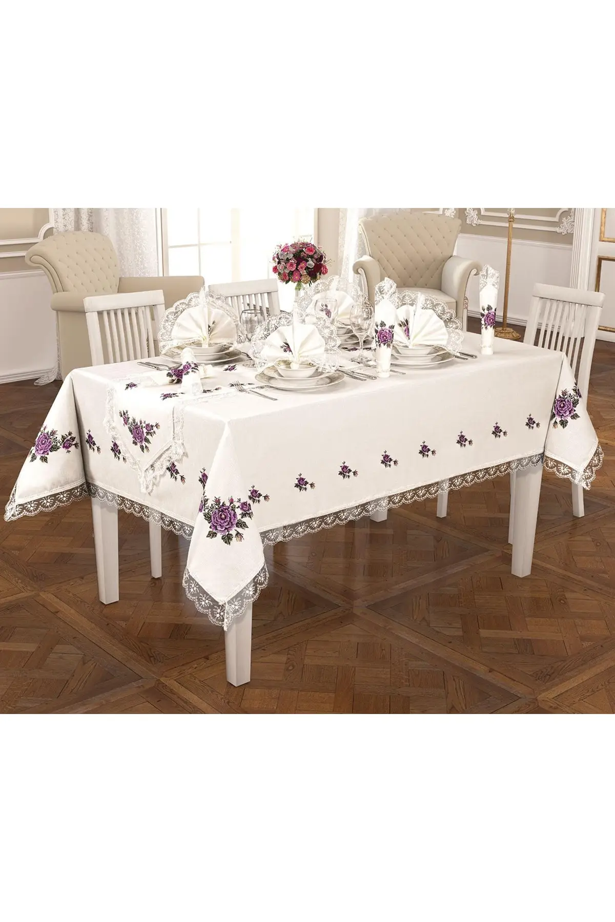 

Cross Stitch Printed Laced Tablecloth Set 18 Pieces Lilac - Rectangular Dining Table Cloth/Cover Quality - Runner Napkins Rings