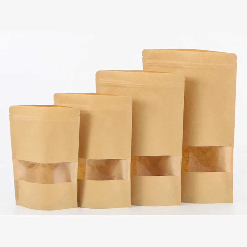 100 шт. крафт Бумага мешки замка застежка-молнии коричневого цвета с окном стоячий