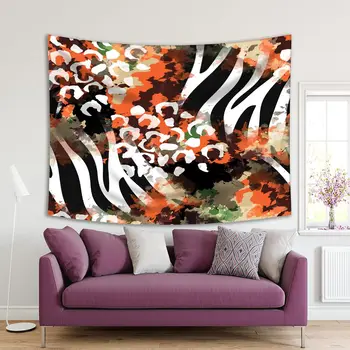 

Tapestry Leopard cartoon The Cat Pattern and Zebra Stripes Watercolor Style Animal Print Creative Artwork Orange White Green