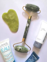 Gua Sha-Rodillo de piedra de jade para masaje facial, rodillo estiramiento piel cuello, doble cabezal, relajación de la piel, piedra de jade natural