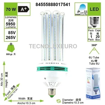 

BOMBILLA LED 6U TUBO E27 6400 K LUZ FRIA 70 W