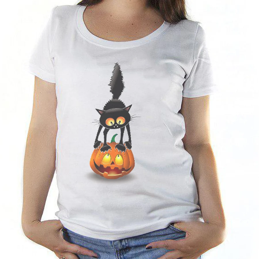 T Shirt Women print Cat with pumpkin 100% cotton short sleeve. top round collar bright pattern. Fashion casual shirt | Женская одежда