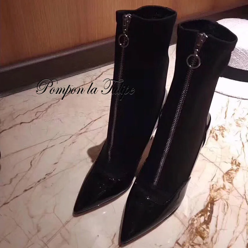 

MNK 930069 Pointed Toe Patent Leather Elastic Knitted Fabrics 9CM High Heels Stilettos Stylish Zipper Fashion Women Shoes Boots